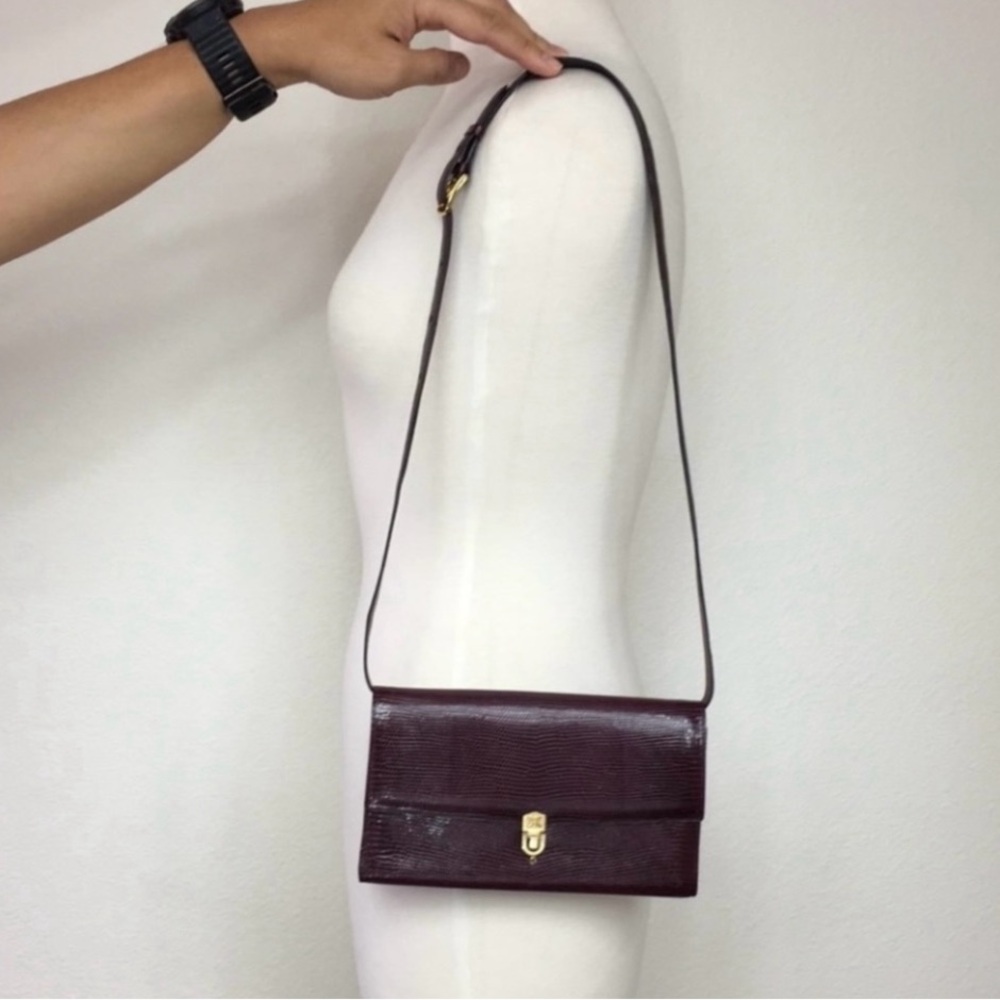 Vintage 70's Celine Maroon Lizard Gold Hardware Shoulder Flap Bag Luxury Classic